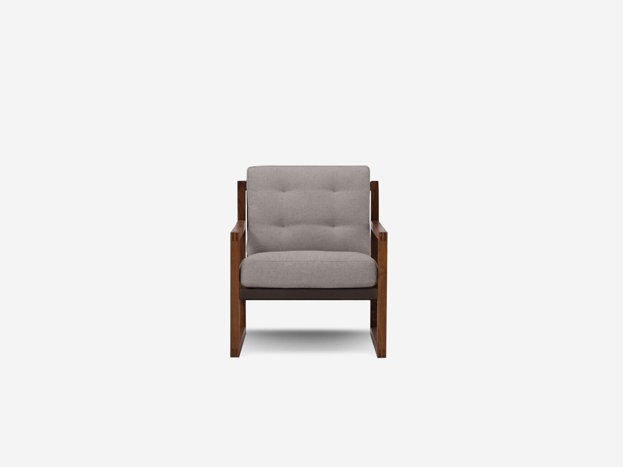 Front view of grey and walnut tufted lounge chair